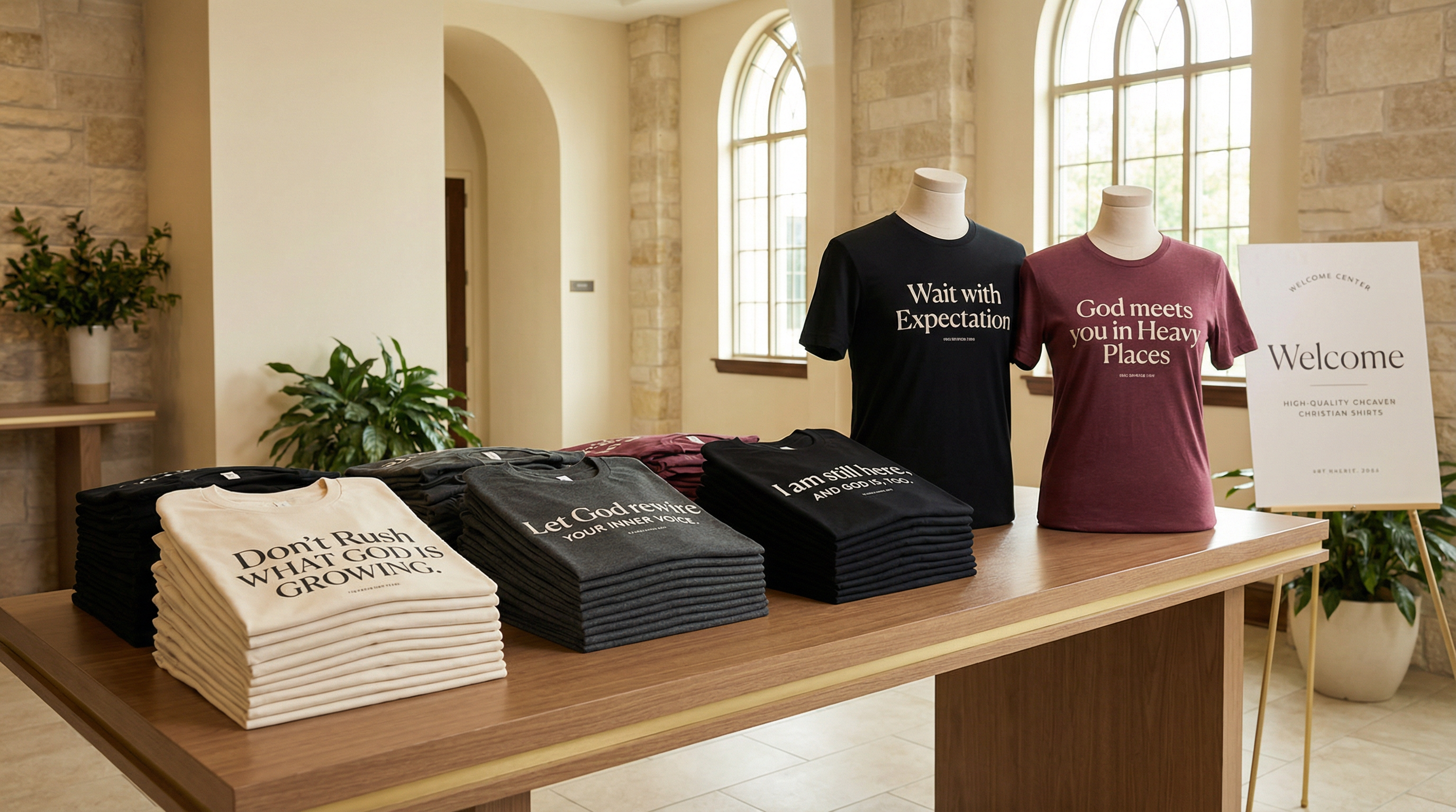 Table displaying various t-shirts with text in a room with large windows and plants.